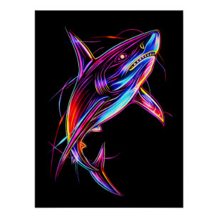 Póster Tubarão Neon Vibrante Oceano Digital Moderno