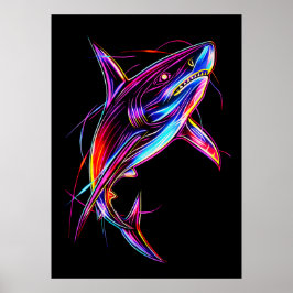 Poster Tubarão Neon Vibrante Oceano Digital Moderno