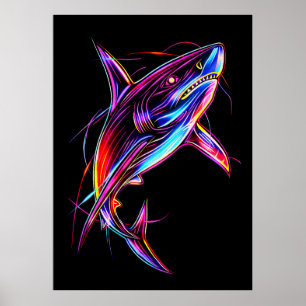 Poster Tubarão Neon Vibrante Oceano Digital Moderno