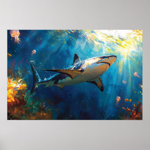 Poster Tubarão Subaquático Cercado por Águas-Vivas