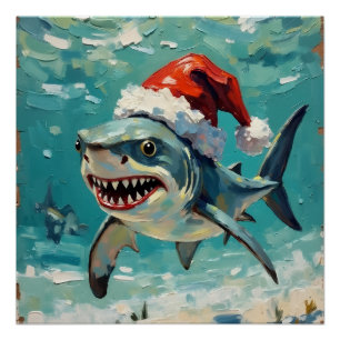 Póster Tubarão Vintage com Chapéu de Papai Noel Arte de N