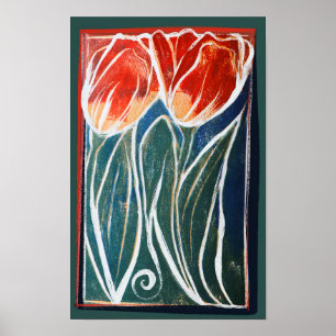 Poster Tulip Trabalho de arte azul e tulipas vermelhas pr