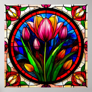 Poster Tulipa Vermelha e Motivos Florais Coloridos