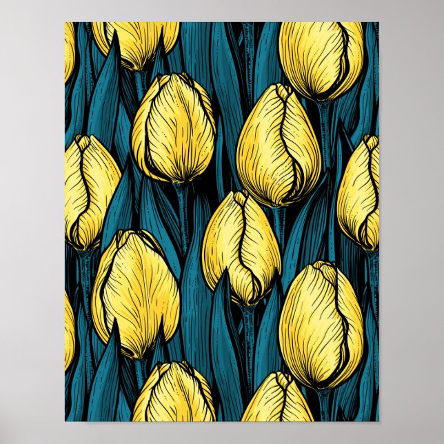 Poster Tulipas amarelas com folhas azuis (Frente)