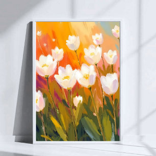 Poster Tulipas Brancas Aquarela Pintura de Campo de Flore