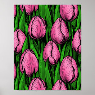 Poster Tulipas cor-de-rosa com folhas verdes