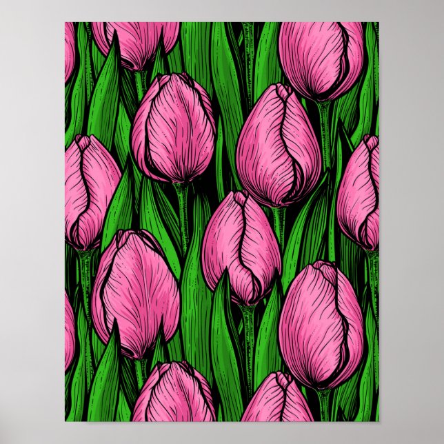 Poster Tulipas cor-de-rosa com folhas verdes (Frente)