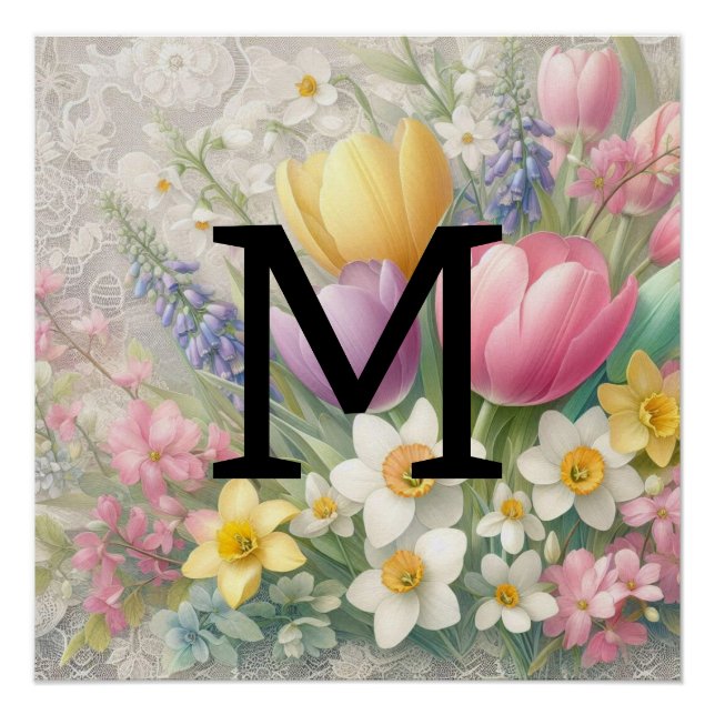Póster Tulipas cor-de-rosa com rendas monograma pastel fl (Frente)