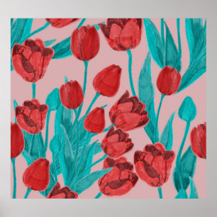 Poster tulipas de primavera, padrão floral desenhado à mã