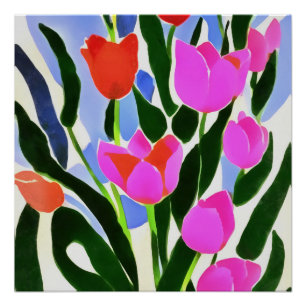Póster Tulipas Em Fortes Cores De Arte Floral Rosa