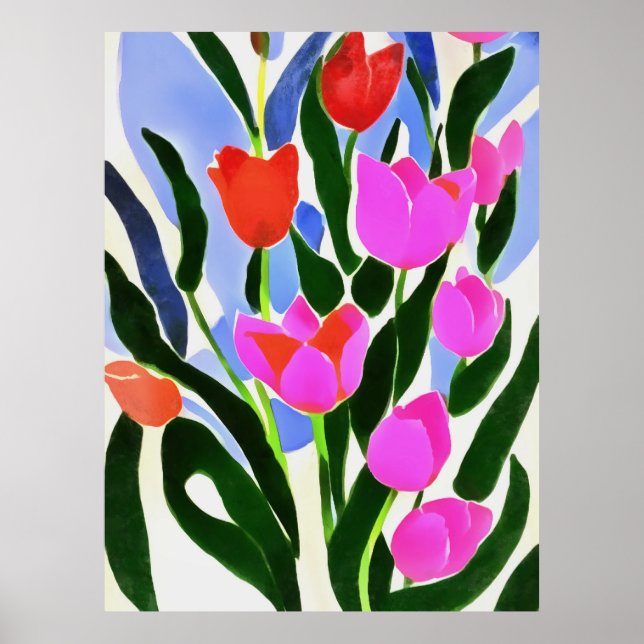 Poster Tulipas Em Fortes Cores De Arte Floral Rosa (Frente)