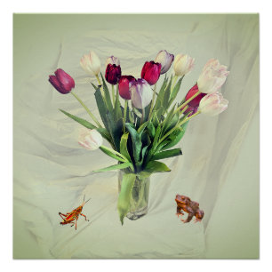 Póster Tulipas, Gafanhoto e Sapo Papel (Semi-Brilho)