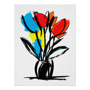 Póster Tulipas Laranja Vermelho Vibrante Floral Linha Pre