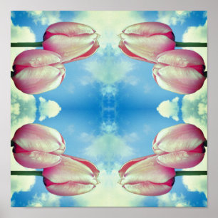 Poster Tulipas Rosa Céu Azul E Nuvens Brancas Abstrato