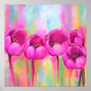 Poster Tulipas Rosa Roxo - Arte de Primavera Pintura Orig