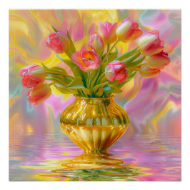 Póster Tulipas Rosa Vibrantes em Vase Ouro