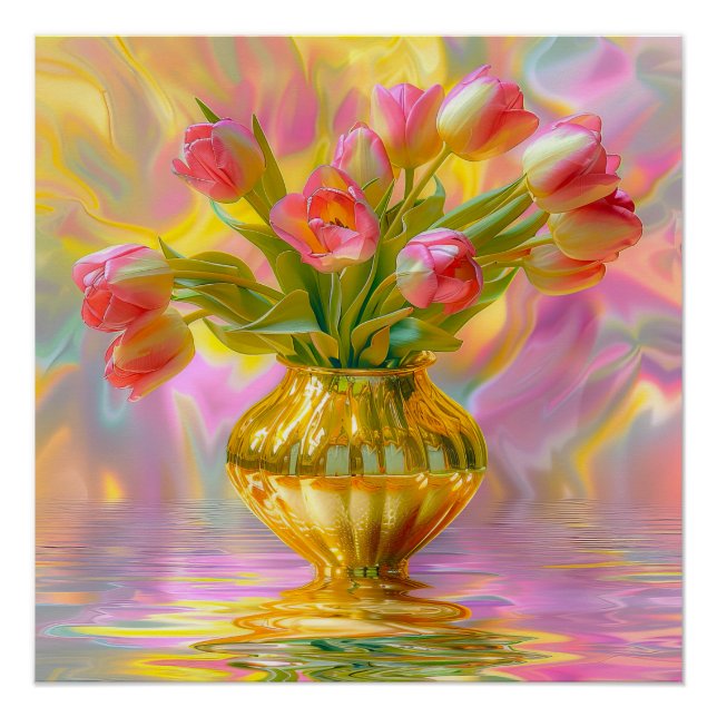Póster Tulipas Rosa Vibrantes em Vase Ouro (Frente)