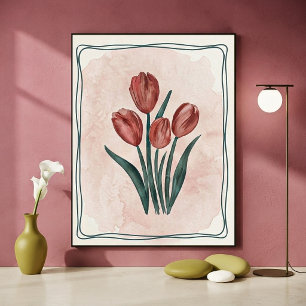 Poster Tulipas Vermelhas Botânicas Vintage e Aquarela Ros