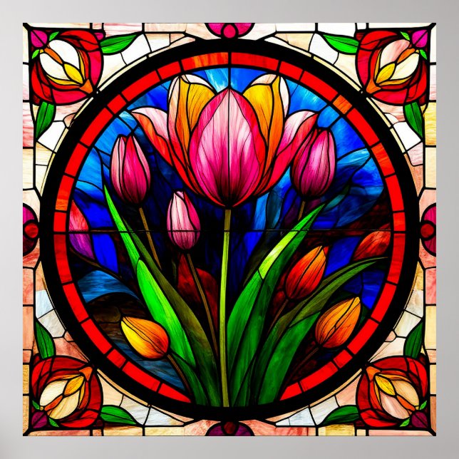 Poster Tulipas Vermelhas e Motifs Florais Coloridos (Frente)