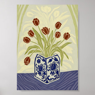 Poster Tulipas Vermelhas em Vaso de Chinoiserie Quadrado 