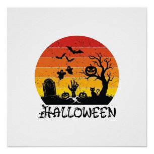 Póster Tumba da Mão do Zumbi do Halloween Árvore Gato Pre