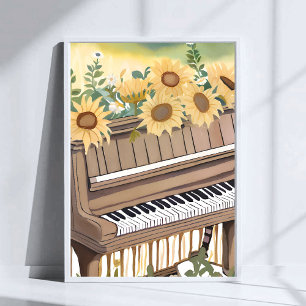 Poster Tune in Bloom   Girassol Floral em Aquarela Piano