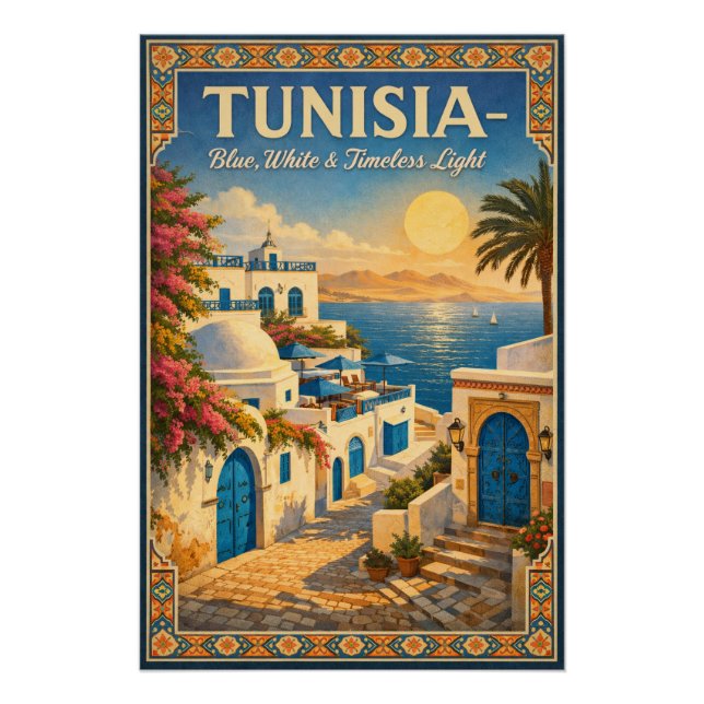 Póster TÚNEZ – Azul, Branco & Luz Atemporal (Frente)