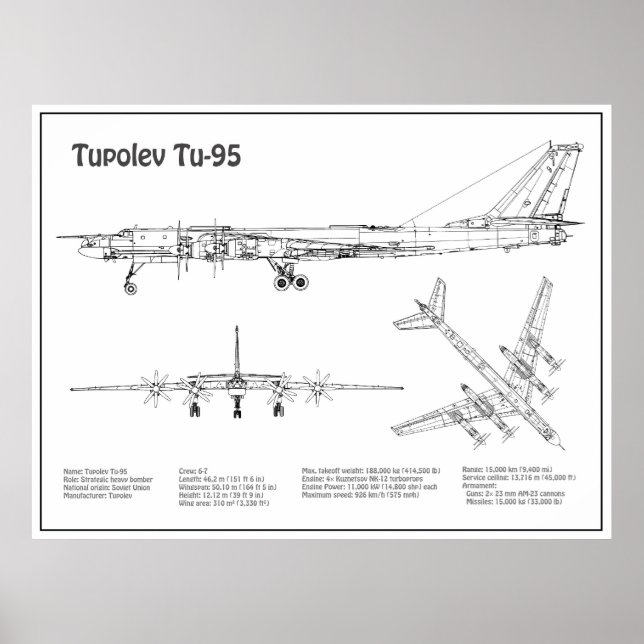 Poster Tupolev Tu-95 - Planos Blueprint do avião BD (Frente)