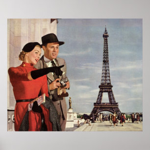 Poster Turistas do vintage que viajam na torre Eiffel de