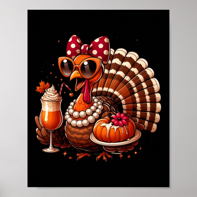 Poster Turkey Drinking Coffee Bow Thanksgiving Womens Tur (Frente)