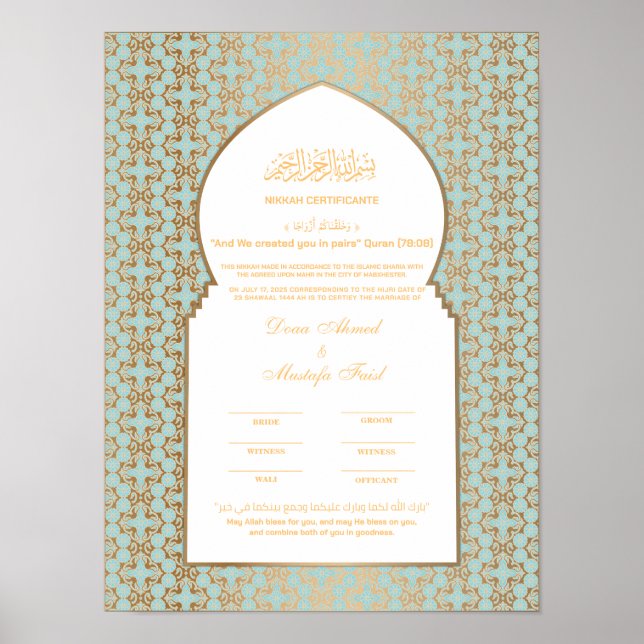 Poster Turkuaz com certificado nikkah Dourado (Frente)