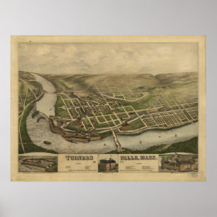 Póster Turners Falls Massachusetts 1877 Panorâmica Antica