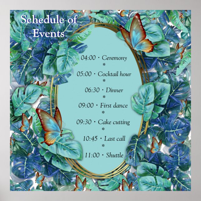 Poster Turquesa Azul Monstera Folhas e Borboletas (Frente)