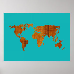 Poster turquesa de madeira do mapa do mundo