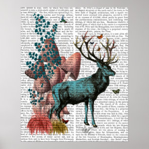 Póster Turquesa Deer na Floresta Mushroom