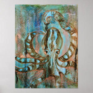 Poster Turquesa e Abstrato de Octopus de Cobre