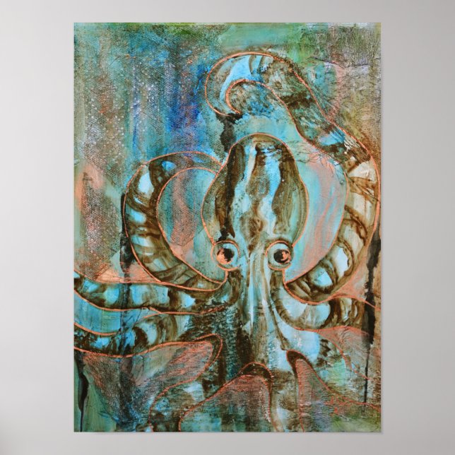 Poster Turquesa e Abstrato de Octopus de Cobre (Frente)