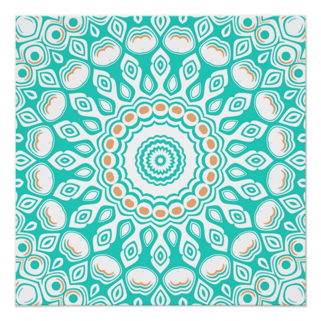 Póster Turquesa e Bege Padrão de Mandala do Oceano (Frente)