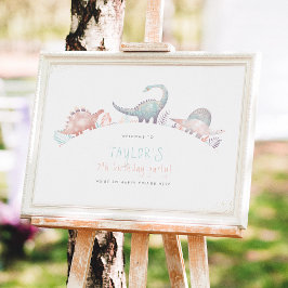 Poster Turquesa e Dourada Festa de aniversário de dinossa