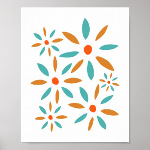 Poster Turquesa E Flores De Abstrato Laranja