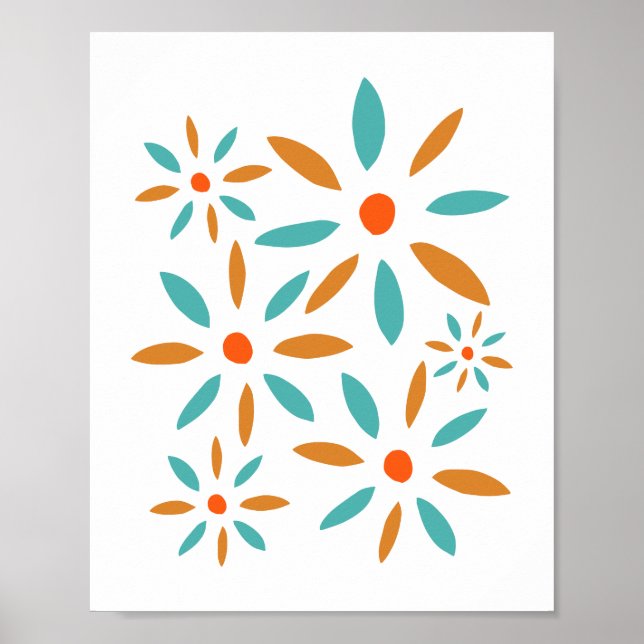Poster Turquesa E Flores De Abstrato Laranja (Frente)