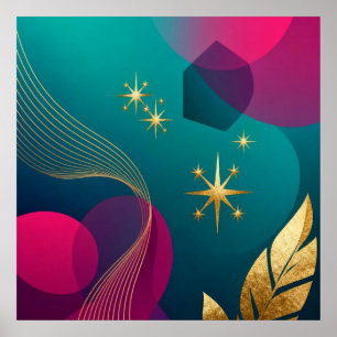 Poster Turquesa E Fuchsia Moderno Abstrato Com Estrelas D