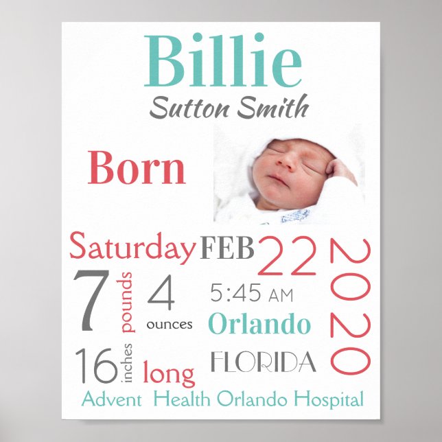 Poster Turquesa e Peach Bebê Nascença Indica Sexo Neutro (Frente)