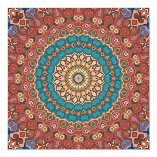 Póster Turquesa e Terracota Padrão Geométrico de Mandala (Frente)