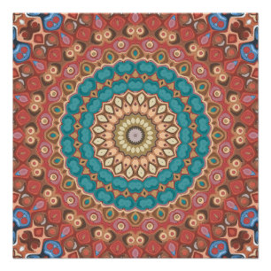 Póster Turquesa e Terracotta Geométrica Mandala Padrão