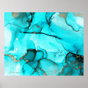 Poster Turquesa Orgânica Abstrato Verde Dourada