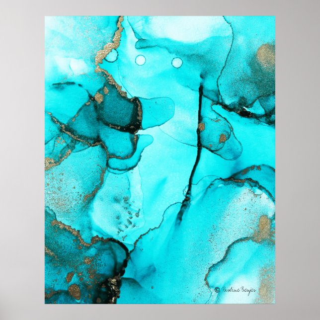 Poster Turquesa Teal Orgânica Abstrato Moderna Dourada (Frente)