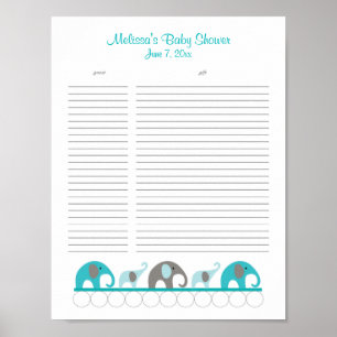 Poster Turquoise and Gray Elephants Baby Shower Gift List
