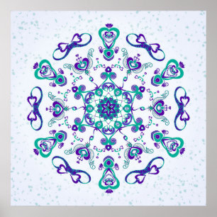 Póster Turquoise and Purple Hearts and Birds Art Print
