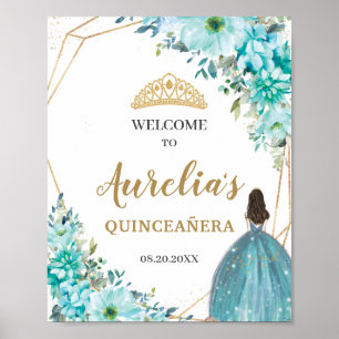 Poster Turquoise Blue Floral Quinceañera Aniversário Bem-